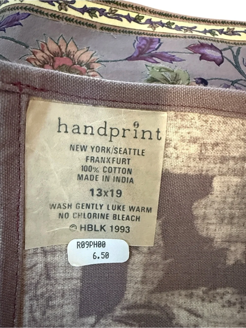 VTG Handprint Floral Placemats & Napkins Set of 6 100% Cotton Made In India